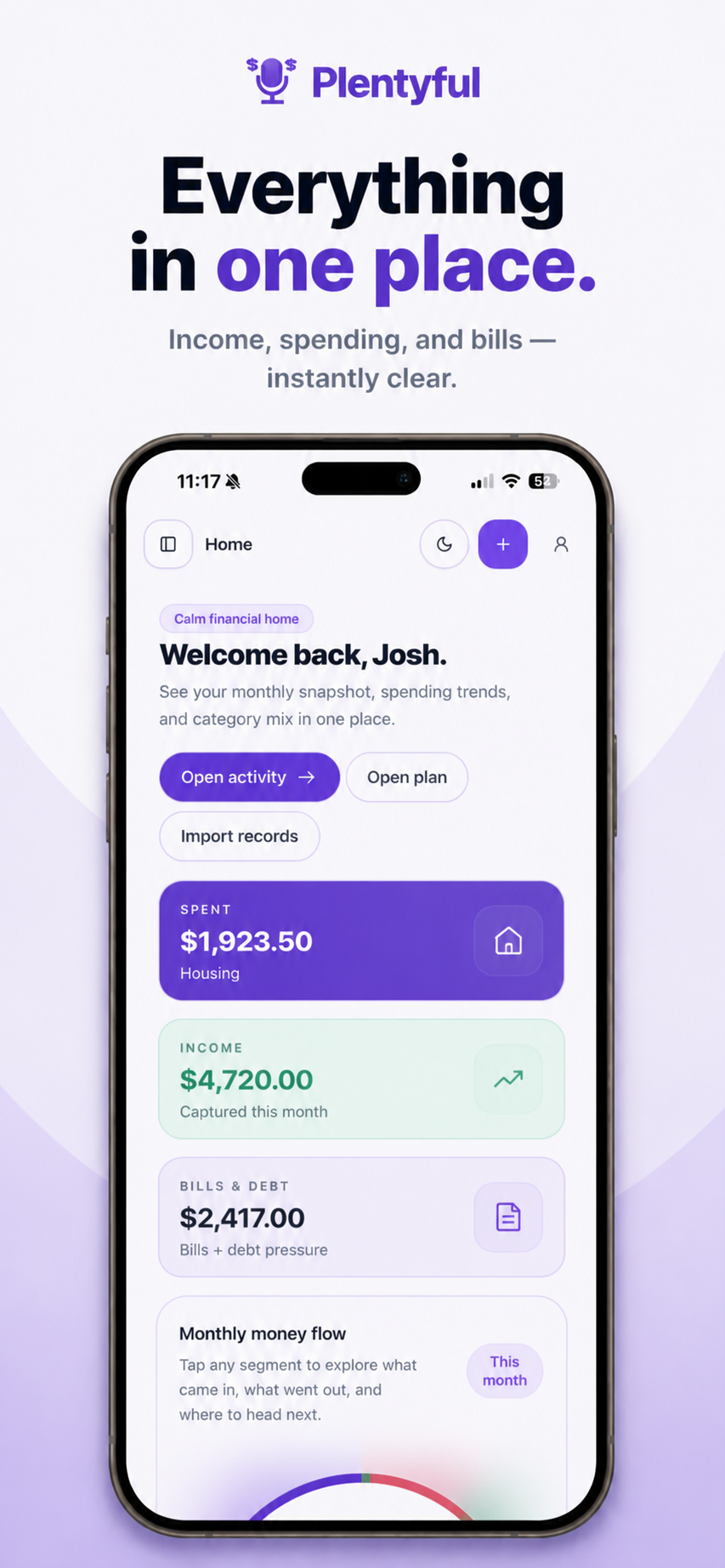 Plentyful dashboard showing spending, income, bills, and monthly money flow
